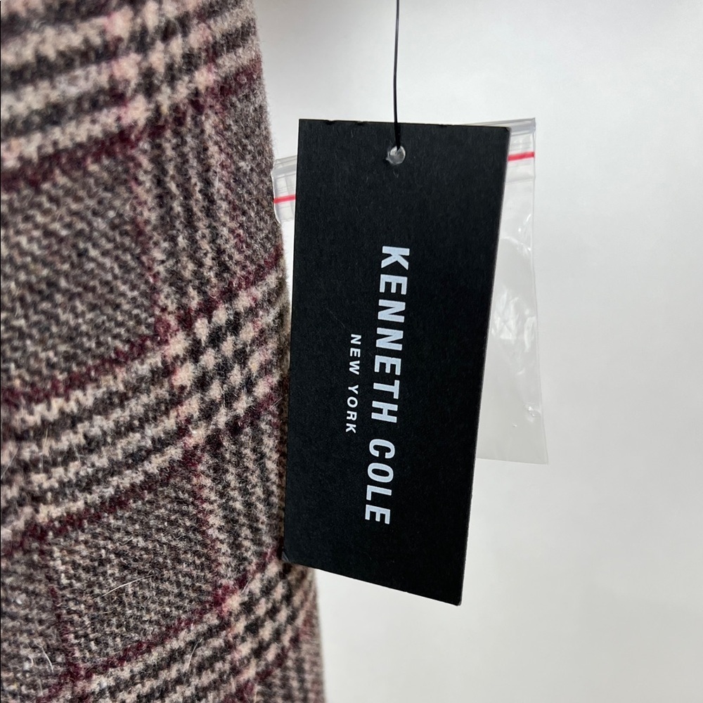 NWT Kenneth Cole Brown Checkered Pea Coat Plaid Double Breasted Wool Blend Large - Picture 4 of 9
